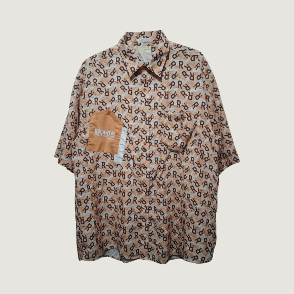 Vintage Rocawear Monogram Print Shirt Mens 4X S. S. Brown Orange Y2K Hip Hop